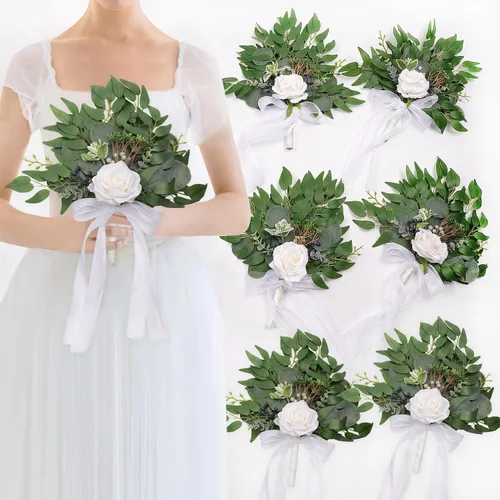 Miniatura 6 de Ramos de boda de rosas blancas para novia y dama de honor, tela de alta calidad, arreglos florales de eucalipto para boda, adecuados para despedida