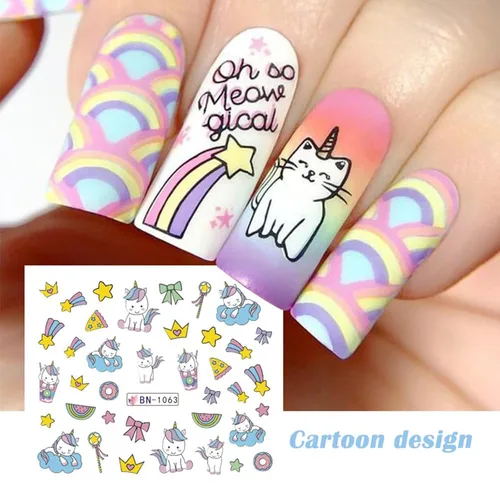 Miniatura 2 de Calcomanías de uñas de unicornio, calcomanías de transferencia de agua, calcomanías de uñas de corazón, unicornio, arcoíris, dona, diseño de uñas