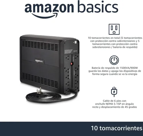 Miniatura 2 de Amazon Basics UPS - Protector contra sobretensiones y batería de reserva de 1500 VA/900 W, 10 tomas, suministro ininterrumpido interactivo de línea