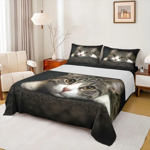 Miniatura 3 de Feelyou Juego de sábanas de gatos con patrón de animales 3D para niños y niñas, decoración de gatos, gatitos, juego de cama marrón y gris, 3 piezas