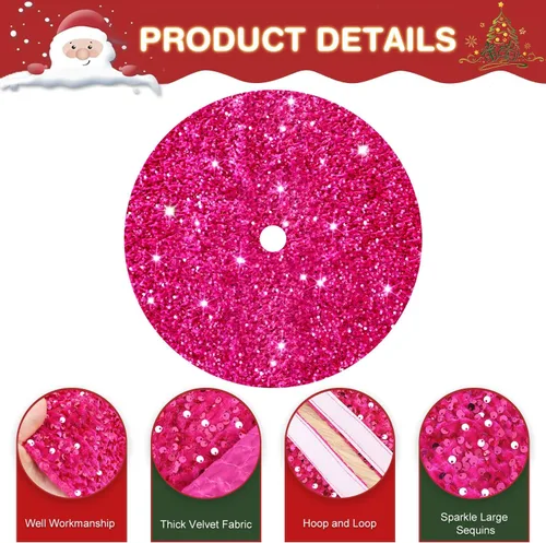 Miniatura 2 de Falda de árbol de lentejuelas rosa intenso brillante Falda de árbol de Navidad de 21 pulgadas con lentejuelas bordadas y brillantes, tela