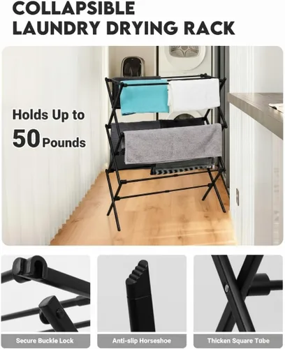 Miniatura 5 de Estante de Secado de Ropa Plegable de Metal de 3 Niveles, Perchero de Ropa para Secar Percheros Plegables para la Lavandería Para