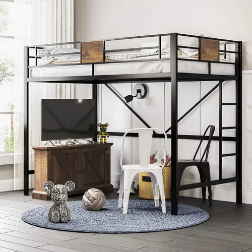 SHA CERLIN Cama tipo loft de tamaño individual con escalera y barandilla, diseño rústico, soporte de listones de metal, no necesita somier, muebles