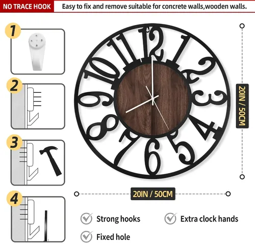 Miniatura 9 de LEIKE Relojes de pared a pilas con control remoto, luz nocturna, silencioso, sin tictac, reloj de madera grande rústico moderno para sala de estar