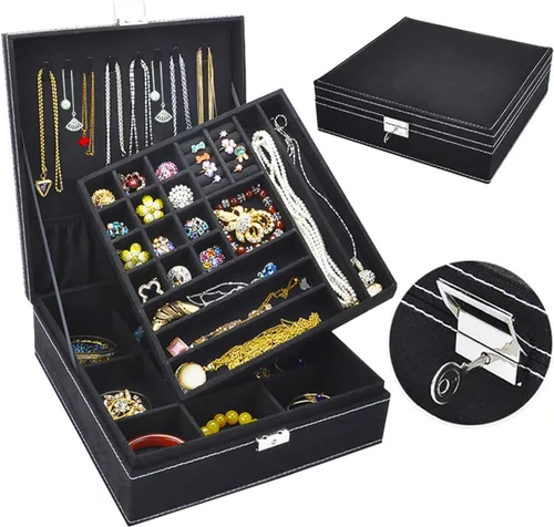 QBeel - Cajas de joyería negras para mujeres hombres y niñas organizador de joyas de 2 capas con candado organizador grande de almacenamiento de