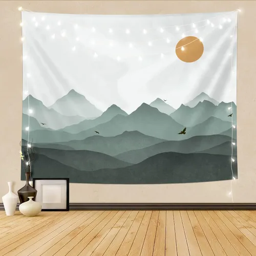 Miniatura 9 de SUOTEMEIFEI Tapiz bohemio verde salvia con sol de montaña, arte simple, paisaje de puesta de sol, paisaje, abstracto, estético, decoración de pared