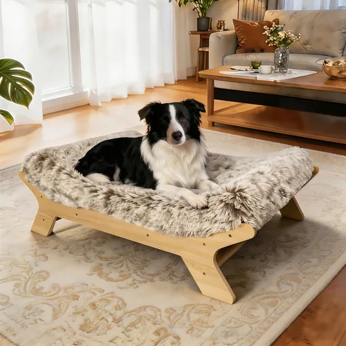 Miniatura 10 de Cama elevada para perros de 24 x 18 x 7 pulgadas, marco de cama elevado de madera para perros pequeños y colchón para mascotas pequeñas de hasta 40