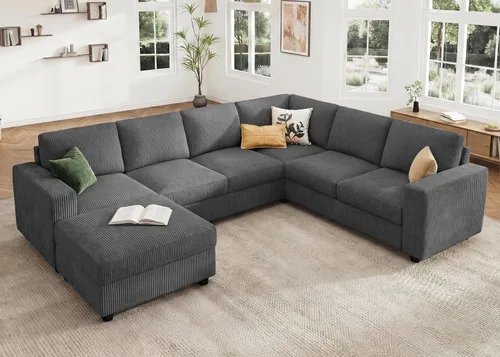 Miniatura 12 de HONBAY Sofá modular de pana con almacenamiento en forma de L para sala de estar, sofá seccional de 6 plazas, color beige