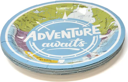 Miniatura 3 de Gift Boutique Juego de 96 piezas de suministros de fiesta Adventure Awaits - Juego de servilletas de papel para mapa del mundo, viaje a bordo