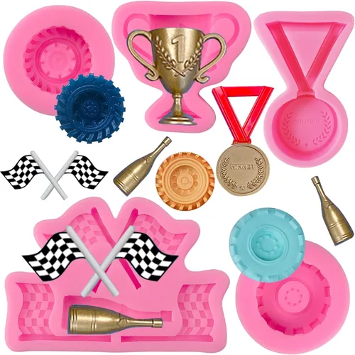 Rainmae Moldes de silicona para autos de carreras, molde redondo 3D para fondant, molde de silicona con forma de rueda de camión, molde de caramelo