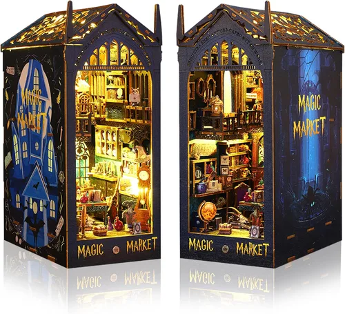 Kit de rincón de libro, inserción de estantería, modelo de madera en miniatura con sensor de luz LED, tema de mercado mágico, diorama 3D,