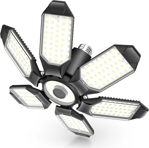 BRAINIAC Bombillas LED de garaje de 100 W con 6 paneles ajustables, E26/E27 tornillo de enchufe, luz LED de techo de garaje deformable para almacén,