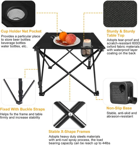 Miniatura 6 de TeqHome Mesa auxiliar plegable para campamento, mesa de campamento portátil para exteriores con 2 portavasos y bolsa de transporte, marco de acero