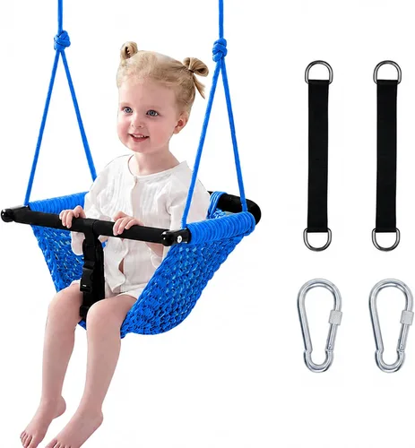 Columpio para niños, hecho a mano, de red, con cuerda ajustable, columpios de árbol para niños, patio trasero, patio trasero, columpios para Azul