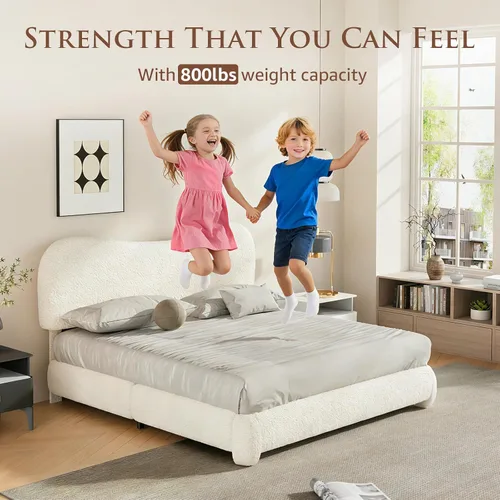 Miniatura 8 de Kelway Base de cama tamaño Queen Boucle tapizada con cabecera ajustable curvada, no necesita somier, color beige
