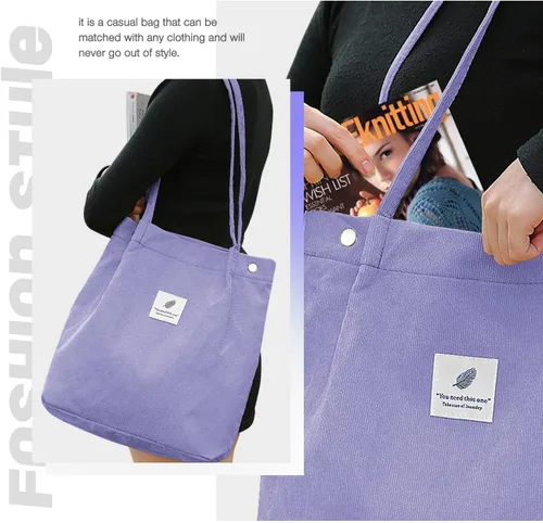 Miniatura 5 de Bolsas de pana para mujeres y niñas, bolsa de pana de gran capacidad, reutilizable, con bolsillos interiores