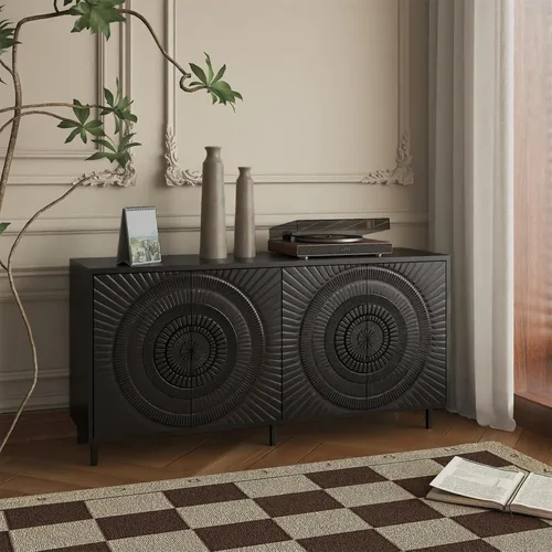 Miniatura 6 de LKTART Armario de almacenamiento de bufé de 59.06 pulgadas para comedor, consola de puerta de flores talladas, resorte prensado de 4 puertas