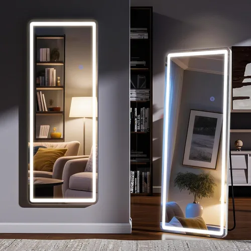 Miniatura 11 de Espejo LED de longitud completa, 30 x 71 pulgadas, espejo de cuerpo completo de vidrio templado con atenuación e iluminación de 3 colores de pie