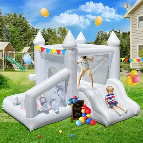 Casa de rebote blanca, casa inflable para niños de 3 a 6 años con piscina de bolas y tobogán, castillo inflable para fiestas de cumpleaños, bodas,