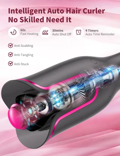 Miniatura 3 de Rizador automático para mujer, rizador automático giratorio de cabello largo, barril de cerámica de 1 pulgada, 4 temperaturas y 3 temporizadores