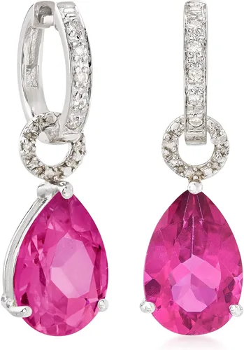 Miniatura 2 de Ross-Simons Pendientes de aro de topacio rosa de 6,50 quilates con detalles de diamante en plata de ley, 1.0in