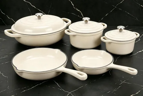 Juego de utensilios de cocina de hierro fundido esmaltado antiadherente - 8 piezas de ollas y sartenes con tapa, sartén, sartén para horno, juego de