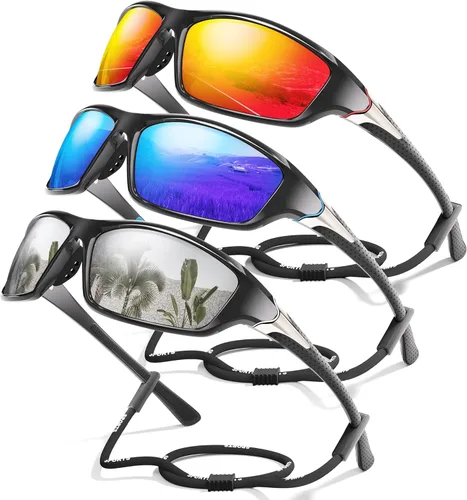 Miniatura 23 de Paquete de 3 lentes de sol deportivos polarizados para hombres, gafas de sol masculinas envolventes con protección UV para ciclismo, pesca