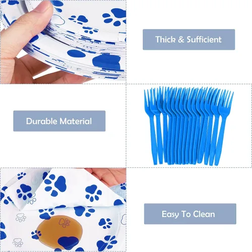 Miniatura 3 de durony 72 piezas de suministros de fiesta de cumpleaños con estampado de patas de perro, incluyen 32 platos, 24 servilletas y 16 tenedores, huellas
