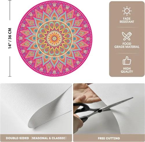 Miniatura 6 de Artoid Mode - Juego de 4 manteles individuales de vinilo de plástico con mandala rosa, manteles redondos tejidos antideslizantes lavables de 14