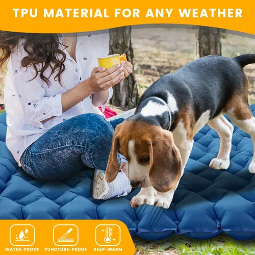 Miniatura 7 de Colchoneta de dormir para acampar para 2 personas, doble almohadilla de campamento con bomba de pie y almohada integrada, colchón de aire Azul