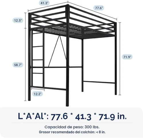 Miniatura 2 de Allewie Cama alta de metal tamaño individual con barandilla y escalera, diseño pequeño que ahorra espacio para dormitorio, habitación de niños