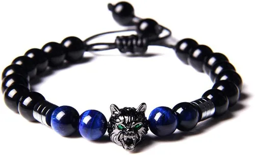 CEYIYA Viking Wolf Head Bracelet - Anti Anxiety Energy Stone Beaded Bracelet for Men and Boys,Healing Crystal Stress Relief Charm Wolf Bracelet for