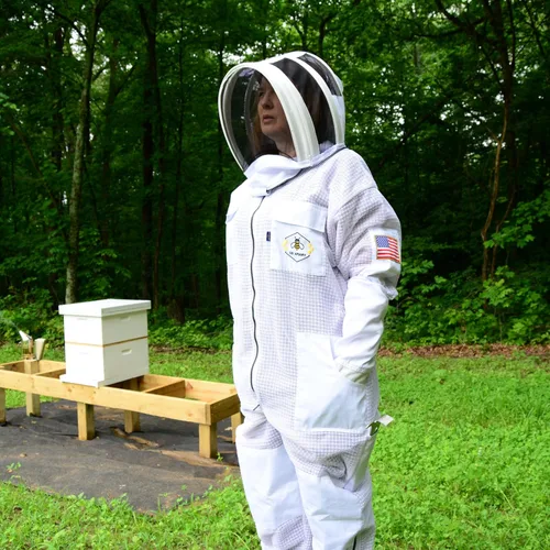 Miniatura 8 de Traje de abeja de 3 capas con velo de esgrima un par de guantes a prueba de picaduras traje de apicultura ventilado Blanco