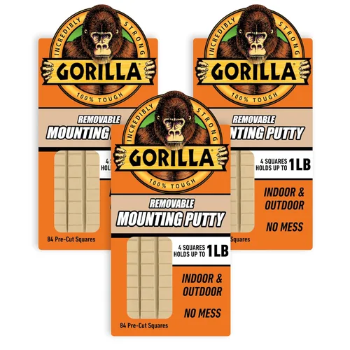 Gorilla Masilla de montaje, color bronceado natural, 84 cuadrados precortados (paquete de 3), masilla de pared no tóxica, extraíble y reposicionable