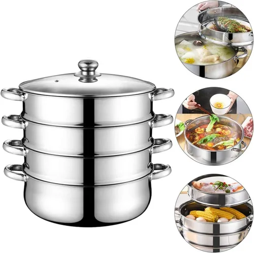 Miniatura 8 de Olla de acero inoxidable para albóndigas vegetales, olla de vapor multifuncional de 4 niveles para cocinar, diámetro de 11.0 in, juego de brillo