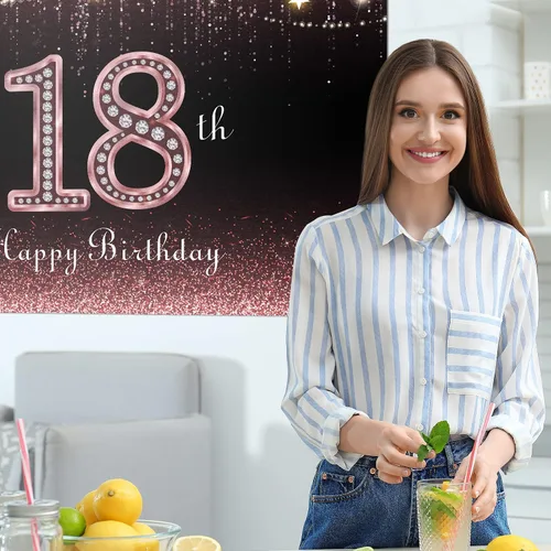 Miniatura 6 de HAMIGAR Fondo de pancarta de feliz cumpleaños número 18 de 6 x 4 pies, decoraciones de cumpleaños de 18 años, suministros de fiesta para niñas, oro
