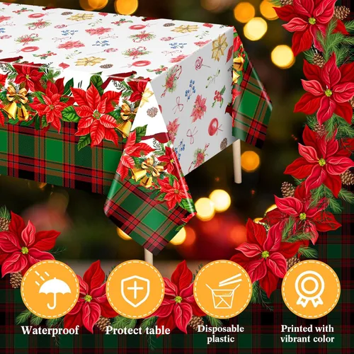 Miniatura 3 de Peryiter 2 piezas de mantel de plástico de Navidad alegre, 54 x 108 pulgadas, rojo de invierno, flor, loro, desechable, para decoración de fiesta