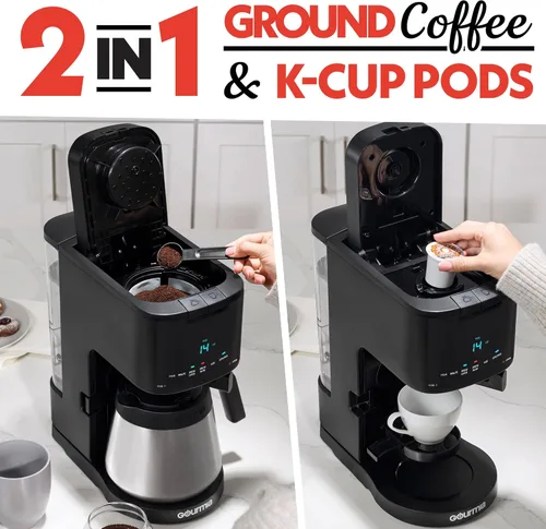 Miniatura 2 de Gourmia Cafetera 2 en 1 de una sola porción y 12 tazas, compatible con K-Cup, programable, pausa y servicio, filtro extraíble, jarra térmica
