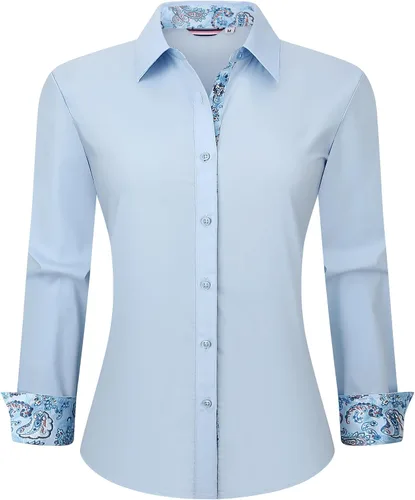 Miniatura 16 de WARHORSEE Blusas de vestir de manga larga con botones de algodón para mujer, blusas de trabajo elegantes de fácil cuidado, blusas casuales
