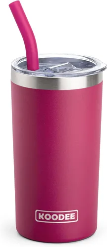 Miniatura 8 de Koodee - Vaso delgado de acero inoxidable de 20 onzas (4 unidades) aislado con doble pared, vaso de agua con 4 tapas, 4 popotes y 2 cepillos
