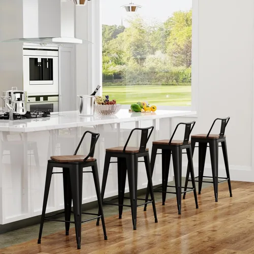 Miniatura 4 de Yongchuang Juego de 4 taburetes de bar giratorios de 26 pulgadas con respaldo, taburetes de bar industriales de metal negro con asiento de madera