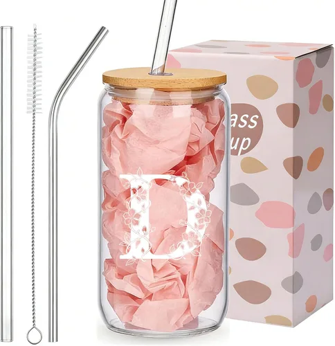 Miniatura 10 de Regalos personalizados para mujeres, tazas de vidrio con monograma con tapas y pajitas, regalos personalizados para mujeres, vasos de café helado