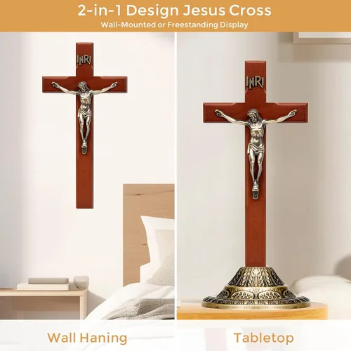 Miniatura 4 de ACHIBANG Crucifijo de pared de 12 pulgadas con soporte, cruz de Jesús católica de pie y colgante de madera con INRI para el hogar o la sala
