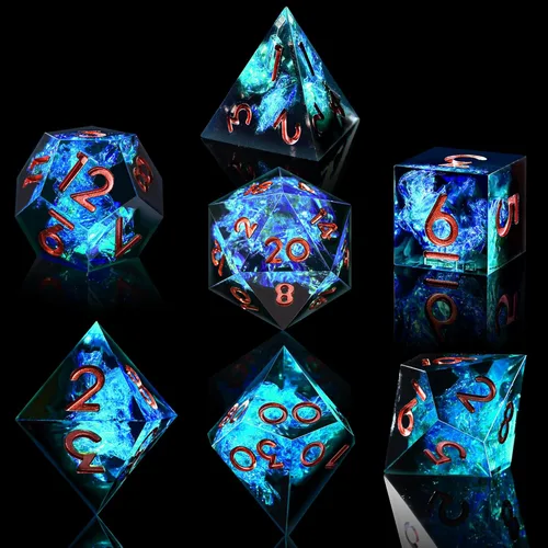 Miniatura 24 de AUSTOR Juego de dados DND de 7 troqueles de resina de borde afilado, dados poliédricos hechos a mano para juegos de mesa Dungeons and Dragons RPG