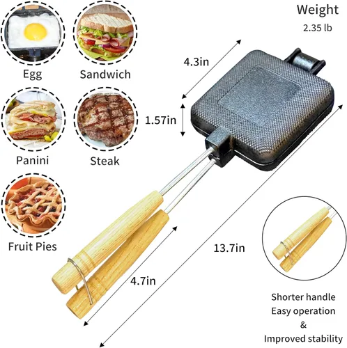 Miniatura 4 de MiniSnack - Prensa para hacer pasteles de hierro fundido para acampar y estufa, mini sartén doble para carne y más con bolsa de almacenamiento