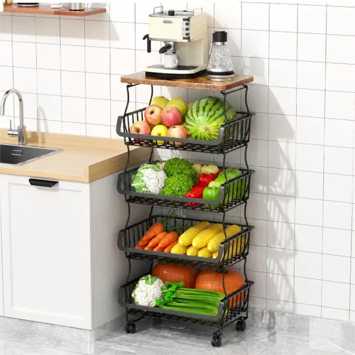 Miniatura 10 de Gsiekare Cesta de frutas y verduras para cocina, cestas de almacenamiento de 4 niveles apilables con ruedas, cestas organizadoras de almacenamiento