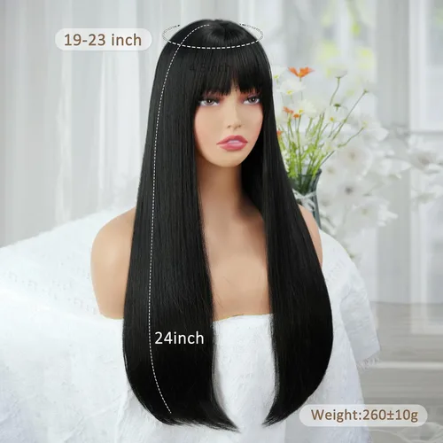 Miniatura 2 de Peluca larga negra con flequillo, pelucas lacias color negro mate natural para mujer, resistente al calor, peluca sintética con flequillo