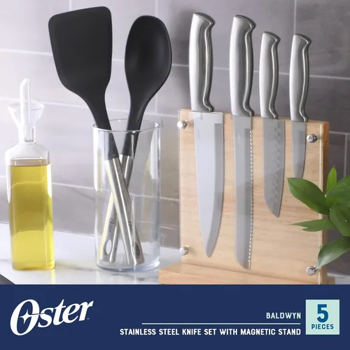 Miniatura 2 de Oster Baldwyn - Juego de 5 cuchillos de acero inoxidable con bloque y soporte magnético de madera – Exhibición de encimera y almacenamiento seguro