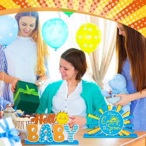 Miniatura 6 de Threehoney 6 piezas Here Comes the Son - Decoraciones de baby shower, centro de mesa retro bohemio para decoración de mesa de madera, decoración