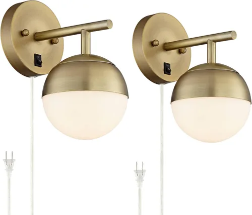 Miniatura 11 de 360 Lighting Luna - Lámpara de pared moderna de mediados de siglo para interiores, lámpara enchufable de latón antiguo, pantalla de globo de vidrio